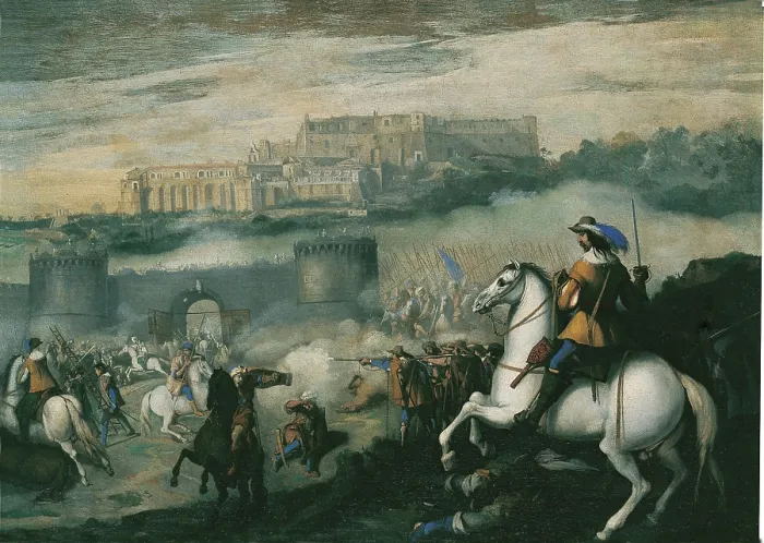 Framed Print : Battle in Castel Sant'Elmo (Battaglia a Castel Sant'Elmo), by Aniello Falcone, 17th Century, oil on canvas - Whole artwork view