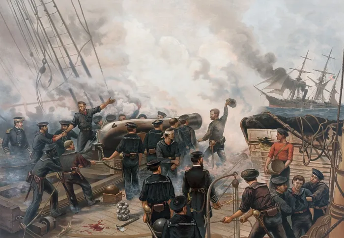 Framed Print : Battle of Cherbourg, June 1864, as seen from the deck of the USS Kearsarge as its cannon fires on the CSS Alabama Framed Print : Battle of Cherbourg, June 1864, as seen from the deck of the USS Kearsarge as its cannon fires on the CSS Alabama