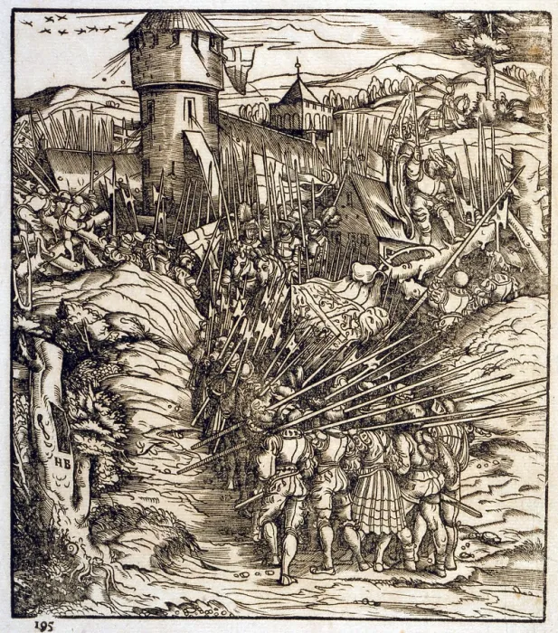 Framed Print : Battle of the early 16th century, showing troops advancing on a fortress