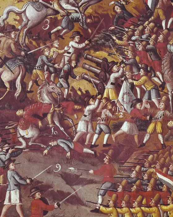 Framed Print : Battle of Guarapes, 1649, between Portuguese and Dutch troops, both willing to dominate Pernambuco region, Brazil. Oil on canvas. BRAZIL. Recife. Pernambuco State Museum