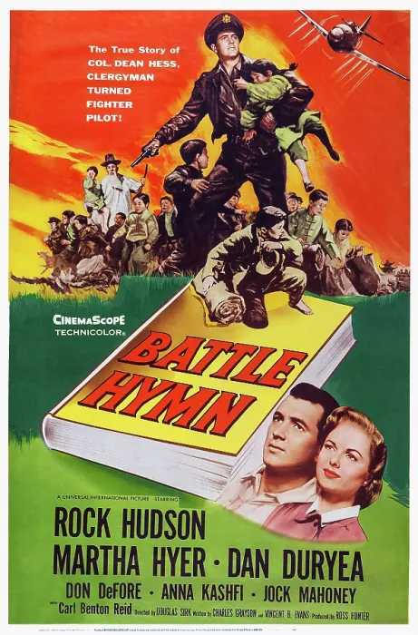 Framed Print : BATTLE HYMN, US poster art, bottom from left: Rock Hudson, Martha Hyer, 1957