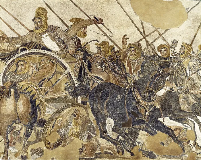Framed Print : The Battle of Issus. 1st c. Detail: Darius III fighting on his cart. Roman art. Early Empire. Mosaic. ITALY. Naples. National Museum of Archaeology