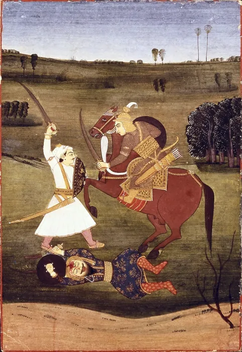 Framed Print : Battle against a knight on a horse and a standing knight. Bikaner school, 1765. Hindu art. Miniature Painting. - BeBa / Iberfoto / Everett Collection (287634)**US SALES ONLY**