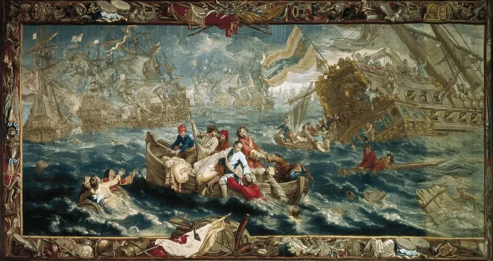 Framed Print : The Battle of La Hogue, May 1692. GERMANY. Munich. New Schleissheim Palace. Nine Years War (1688-1697). Baroque art. Tapestry Framed Print : The Battle of La Hogue, May 1692. GERMANY. Munich. New Schleissheim Palace. Nine Years War (1688-1697). Baroque art. Tapestry