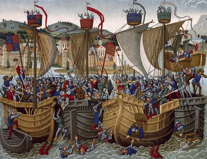 Framed Print : Battle of l'Ecluse, fought in Sluys bay, when the French's fleed was defeated by the English and the Flemish. Beginnin of the the Hundred Years War, 1340
