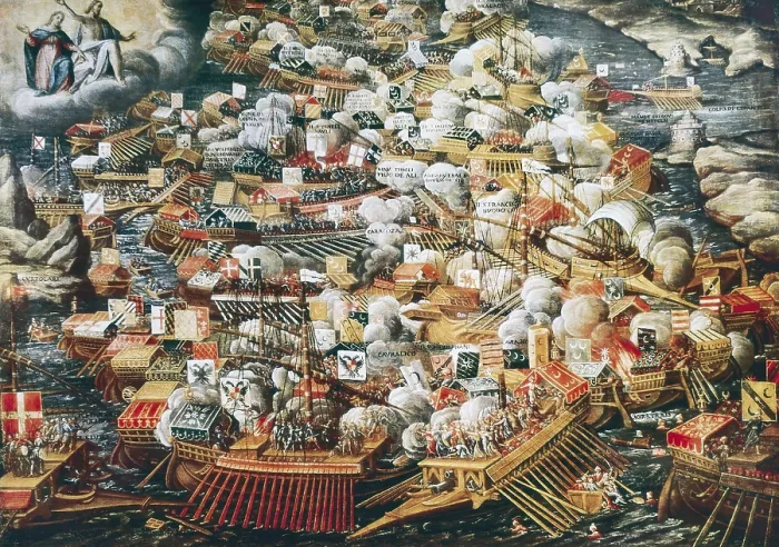 Framed Print : The Battle of Lepanto, 7th October 1571. ca. 1571. Detail. Italian anonymous. Naval battle at the Gulf of Corinth. Oil. ITALY. Venice. Correr Museum Framed Print : The Battle of Lepanto, 7th October 1571. ca. 1571. Detail. Italian anonymous. Naval battle at the Gulf of Corinth. Oil. ITALY. Venice. Correr Museum