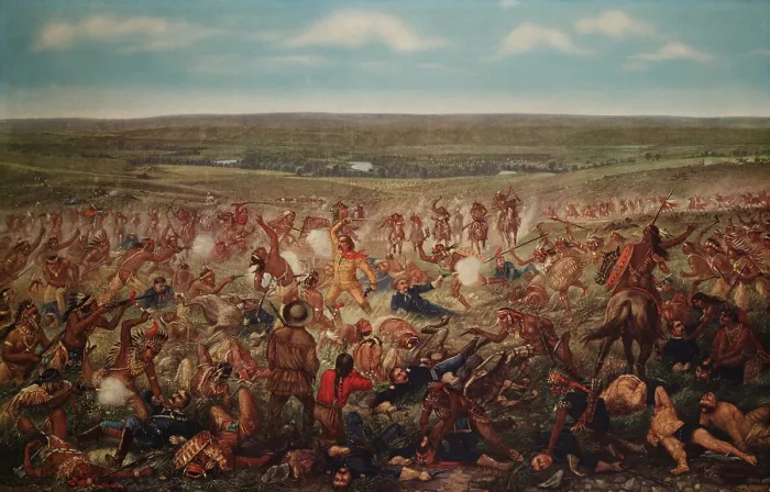 Framed Print : Battle of the Little Big Horn, June 26, 1876. Broad view shows the massacre of Gen. George Custer's regiment by Cheyenne and Sioux Indians Framed Print : Battle of the Little Big Horn, June 26, 1876. Broad view shows the massacre of Gen. George Custer's regiment by Cheyenne and Sioux Indians