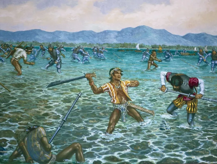 Framed Print : Battle of Mactn, in which Magalhaes died. Oil on canvas. AISA / Everett Collection**US SALES ONLY**