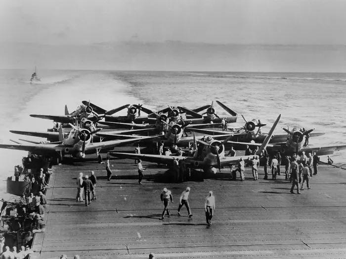Framed Print : Battle of Midway, June 4-6, 1942 during World War 2. TBD-1 torpedo bombers on the USS Enterprise begin their launch to attack four Japanese aircraft carriers on June 4, 1942