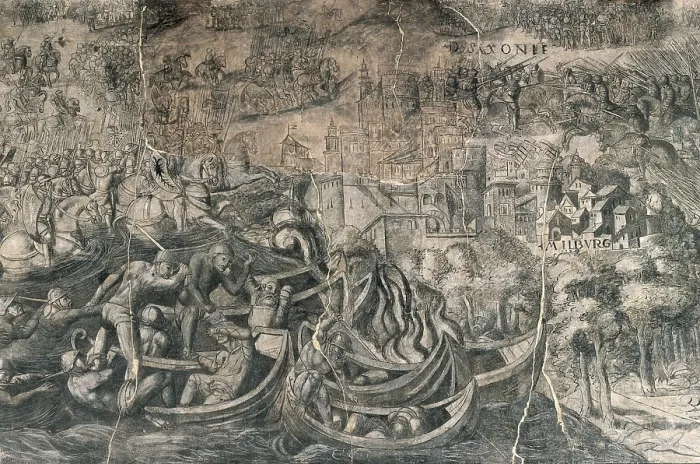 Framed Print : Battle of MUhlberg: Charles V's imperial troops crossing Elbe river. Detail. Gothic art. Fresco. SPAIN. Pamplona. Navarra Museum