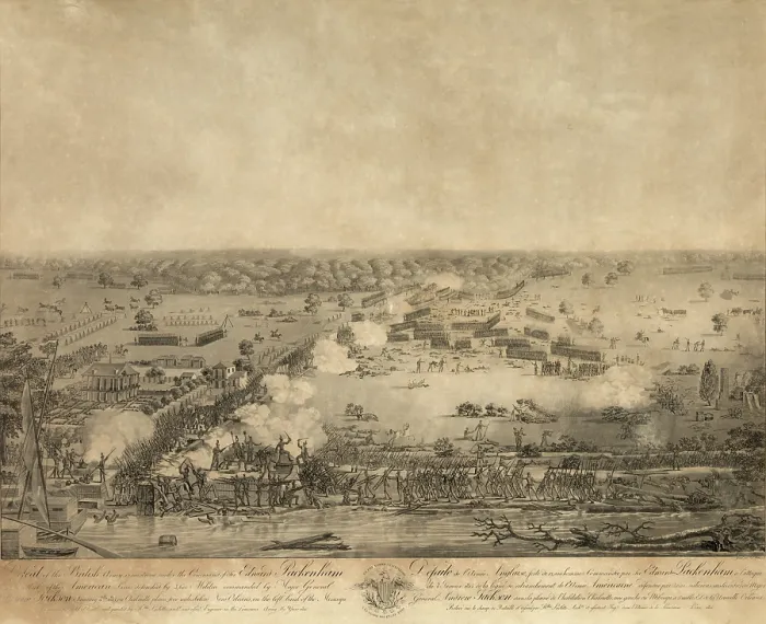 Framed Print : Battle of New Orleans. The British were under General Edward Pakenham and the Americans under Major General Andrew Jackson with Mississippi River in foreground