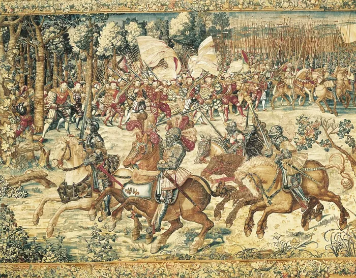 Framed Print : Battle of Pavia (1525). Advance of the troops of the Emperor Charles V. Tapestry based on a cardborad by Barnaert van Orley. Flemish art. Tapestry. ITALY. Naples