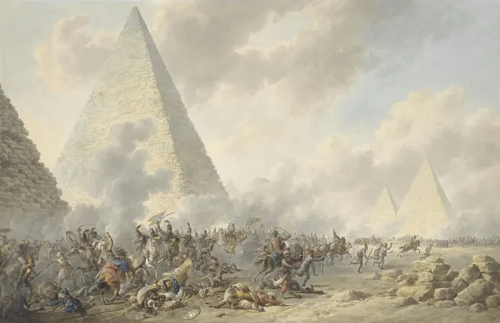 Framed Print : Battle of the Pyramids, Dirk Langendijk, 1803, Dutch watercolor painting. In 1798, Napoleon's French army defeated the Egyptian Mamluks (BSLOC_2016_2_212)