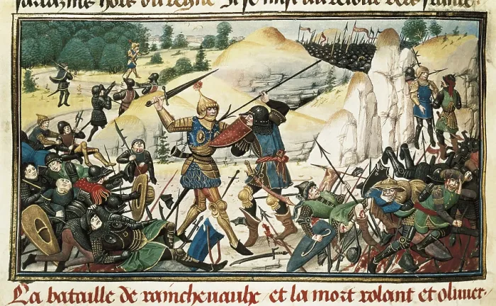 Framed Print : Battle of Roncevaux Pass (778). Knight Roland's death. Illuminated manuscript (14th c.). Gothic art. Miniature Painting. FRANCE. Paris
