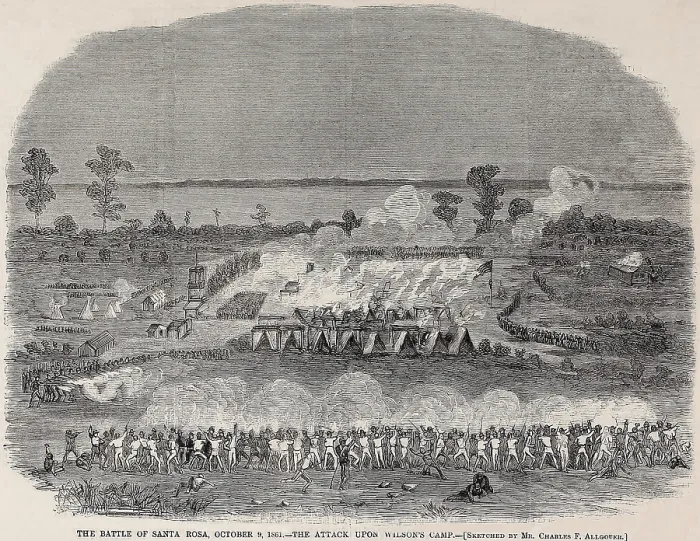 Framed Print : The Battle of Santa Roca, Oct. 9, 1861, near Fort Pickens on Pensacola Harbor. Confederates attacked the Union camp of Col. Wilson