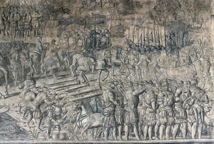 Framed Print : Battle of the Saxon Wars, Emperor CharlesV's military campaigns against Protestant princes, 16th c. Detail. Gothic art. Fresco. SPAIN. Pamplona. Navarra Museum