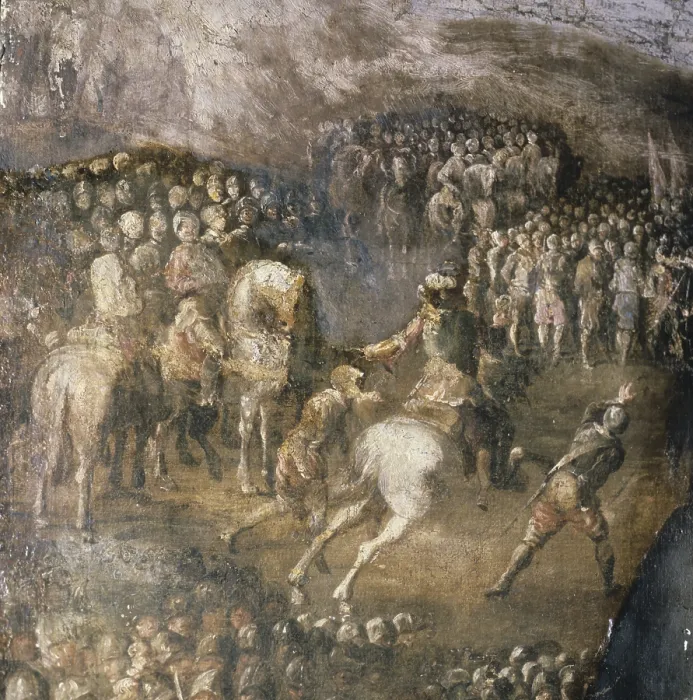 Framed Print : Battle Scene, by Paolo Finoglio, 1641, 17th Century, oil on canvas - Italy, Puglia, Conversano, Castle Collection. Detail. Battle scene with many soldiers