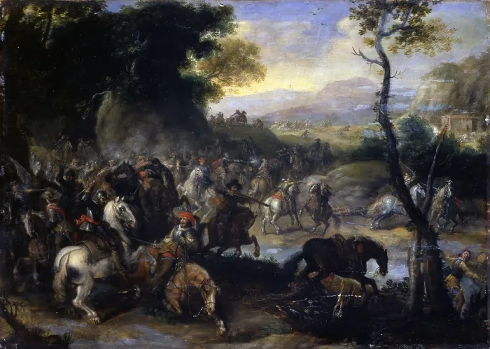 Framed Print : Battle Scene, by Unknown Artist after Johann Philipp Lembke, 17th Century, oil on canvas - Italy, Lombardy, Milan, Castello Sforzesco, Civic Collection of Ancient Art