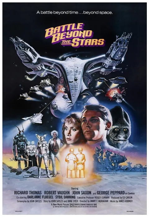 Framed Print : BATTLE BEYOND THE STARS, (center, from left): Darlanne Fluegel, Richard Thomas, 1980. New World Pictures  /  Courtesy: Everett Collection