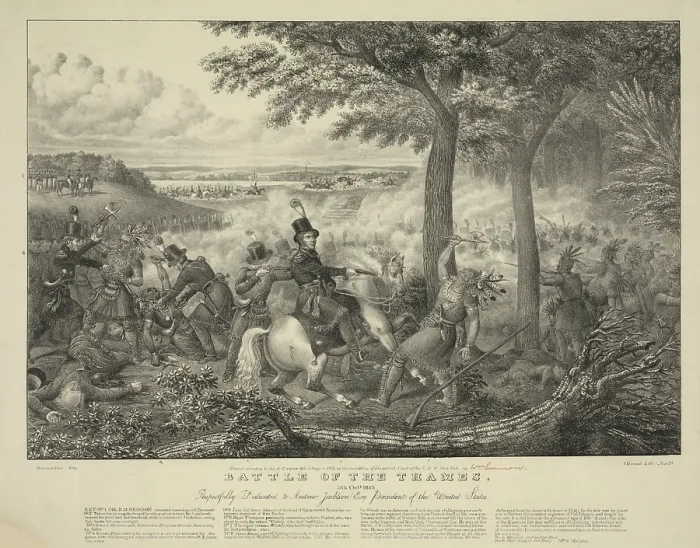 Framed Print : Battle of the Thames on Oct. 5 1813. American forces defeated the Tecumseh's Indian confederation opening the Northwest Territory to White settlement. In the center Col