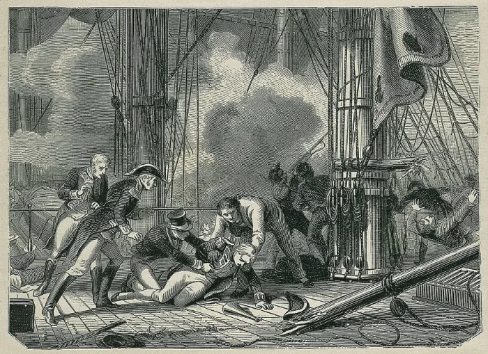 Framed Print : Battle of Trafalgar (1805). Death of the English Admiral Horatio Nelson. Etching. AISA / Everett Collection**US SALES ONLY** Framed Print : Battle of Trafalgar (1805). Death of the English Admiral Horatio Nelson. Etching. AISA / Everett Collection**US SALES ONLY**