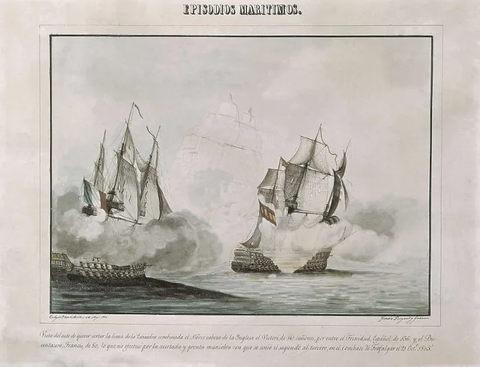 Framed Print : Battle of Trafalgar (1805). The French ship Bucentaure and the Spanish one Trinidad. Litography. SPAIN. Madrid. Navy Museum. AISA / Everett Collection**US SALES ONLY**