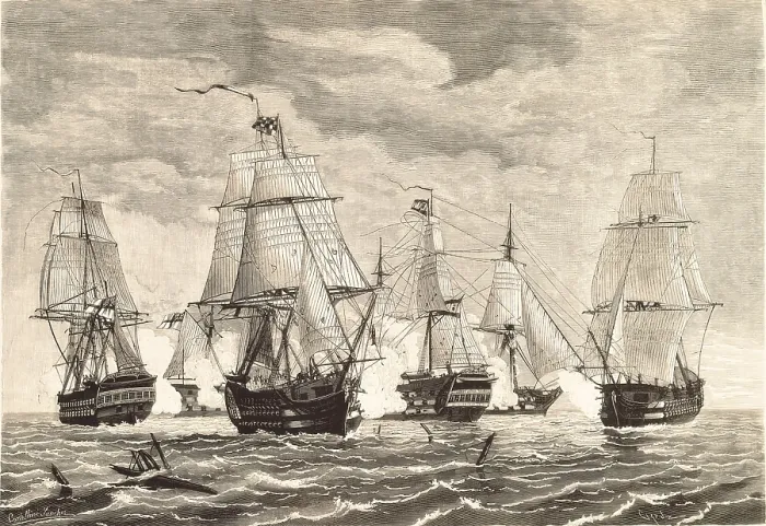 Framed Print : Battle of Trafalgar (October 21st1805). The vessel Prince of Asturiashoisting the Gravina badgebattles five English vessels. Etching. SPAIN. Madrid. National Library