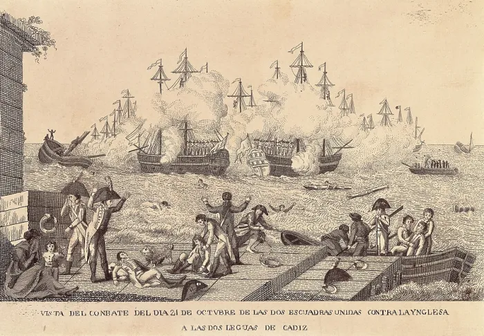 Framed Print : Battle of Trafalgar (October 21st1805). Battle of Trafalgartwo leagues from cdiz. Etching. SPAIN. Madrid. National Library. AISA / Everett Collection (40361)**US SALES ONLY** Framed Print : Battle of Trafalgar (October 21st1805). Battle of Trafalgartwo leagues from cdiz. Etching. SPAIN. Madrid. National Library. AISA / Everett Collection (40361)**US SALES ONLY**