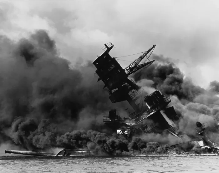 Framed Print : The battleship USS ARIZONA sinking after being hit by Japanese air attack on Dec. 7, 1941. (BSLOC_2013_11_143)