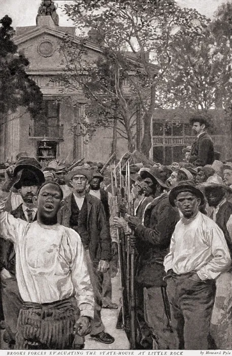 Framed Print : Baxter-Brooks War of Arkansas, 1872-74. Brooks forces evacuating the States House at Little Rock
