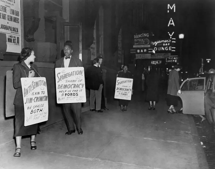 Framed Print : Bayard Rustin, Mrs. Bowen Jackson, and Mrs. Earl Williams picket the segregated Ford's Theatre in Baltimore, Maryland. 1948