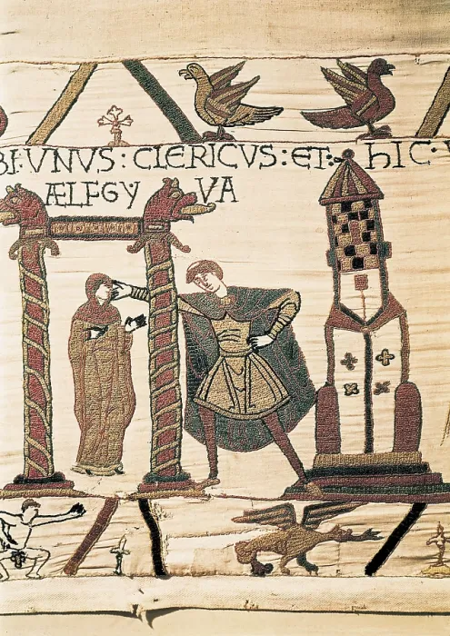 Framed Print : Bayeux Tapestry. 1066-1077. Tapestry divided in scenes that relate the conquest of England by the Normands (1066). Detail of the daughter of William presented to Harold Framed Print : Bayeux Tapestry. 1066-1077. Tapestry divided in scenes that relate the conquest of England by the Normands (1066). Detail of the daughter of William presented to Harold
