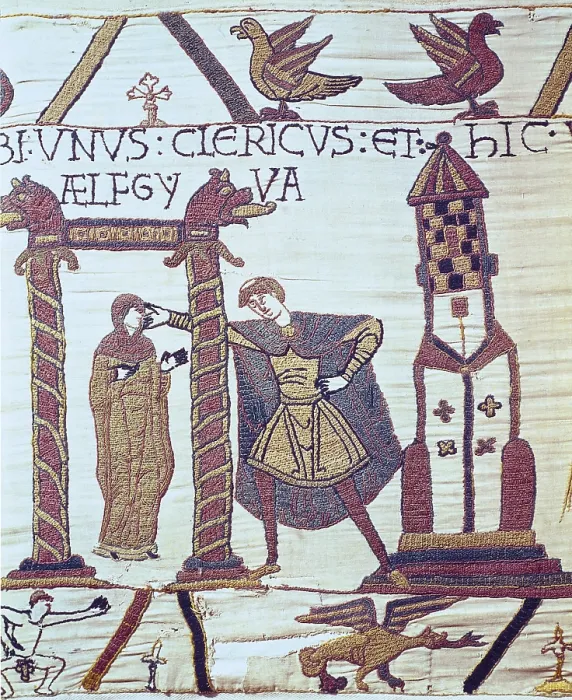 Framed Print : Bayeux Tapestry. 1066-1077. Tapestry divided in scenes that relate the conquest of England by the Normands (1066). Detail of the daughter of William presented to Harold
