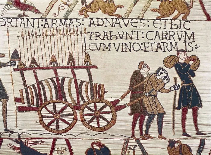 Framed Print : Bayeux Tapestry. 1066-1077. Transport of weapons and wine on a cart. Detail. Romanesque art. Tapestry. FRANCE. Bayeux. Archaeological Museum