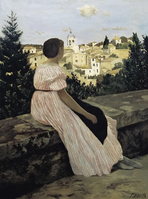 Framed Print : BAZILLE, Jean-Frdric (1841-1870). The Pink Dress, or View of Castelnau-le-Lez. 1864. Portrait of the artist's niece, Therese des Hours. Impressionism. Oil on canvas. FRANCE