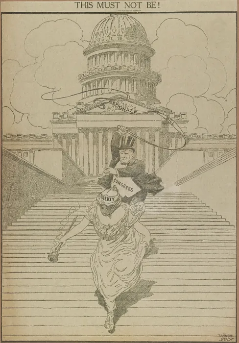 Framed Print : THIS MUST NOT BE! World War 1 American political cartoon attacking the Espionage Bill. Liberty descends the steps of the U.S
