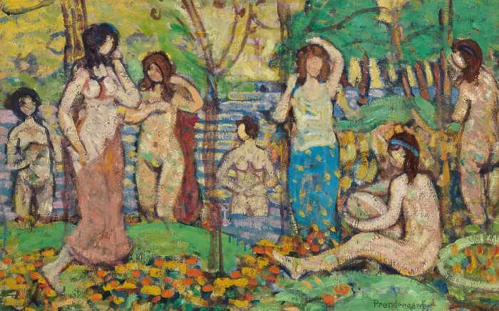 Framed Print : BEACH NO 3, by Maurice Brazil Prendergast, c. 1913, Canadian-American painting, oil on canvas. An imaginary scene of seven mostly nude women among trees and beside water