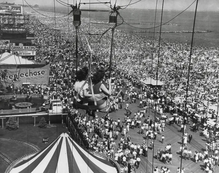 Framed Print : Beach crowds as seen from the Parachute Jump at Steeple Park. Coney Island, NY, 1950. (BSLOC_2014_13_176) Framed Print : Beach crowds as seen from the Parachute Jump at Steeple Park. Coney Island, NY, 1950. (BSLOC_2014_13_176)