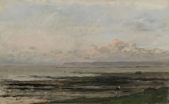 Framed Print : Beach at Ebb Tide, by Charles Francois Daubigny, c. 1850-78, Dutch painting, oil on panel. Seascape in Villerville-sur-Mer in Normandy with a solitary figure. (BSLOC_2016_1_214)