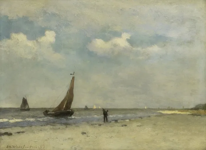 Framed Print : Beach Scene, by Johan Hendrik Weissenbruch, c. 1870-1903, Dutch painting, oil on panel. Small fishing boats on the water, and a fisherman walking on the beach (BSLOC_2016_1_231) Framed Print : Beach Scene, by Johan Hendrik Weissenbruch, c. 1870-1903, Dutch painting, oil on panel. Small fishing boats on the water, and a fisherman walking on the beach (BSLOC_2016_1_231)