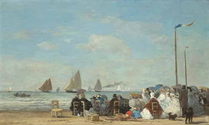 Framed Print : Beach Scene at Trouville, by Eugene Boudin, 1863, French impressionist painting, oil on wood panel