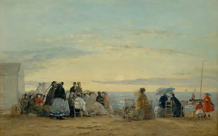 Framed Print : On the Beach, Sunset, by Eugene Boudin, 1865, French impressionist painting, oil on wood