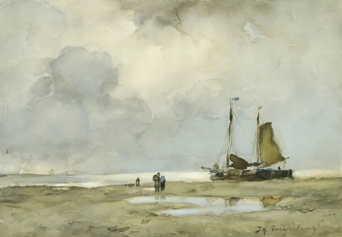 Framed Print : Beached Boat, by Johan Hendrik Weissenbruch, c. 1895, Dutch watercolor painting. (BSLOC_2016_1_229)