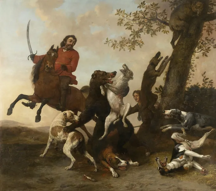 Framed Print : Bear Hunt, by Paulus Potter, 1649, Dutch painting, oil on canvas. Bear fights for its life with a pack of hounds and a hunter on horseback with sword drawn