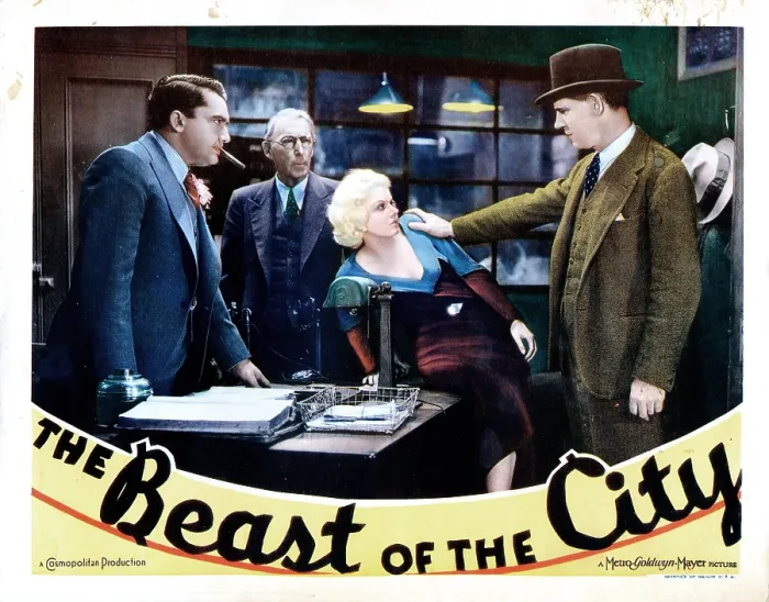 Framed Print : THE BEAST OF THE CITY, lobbycard, from left: Jean Hersholt, Tully Marshall, Jean Harlow, Walter Huston, 1932