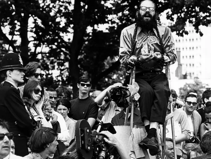 Framed Print : Beat Poet Allen Ginsberg singing an Indian chant in Hyde Park London England. June 1966. Courtesy: CSU Archives / Everett Collection