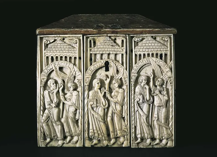 Framed Print : Beatitudes Ark. 11th c. Romanesque art. Sculpture on ivory. SPAIN. Madrid. National Museum of Archaeology. Proc: SPAIN. Len. Royal Collegiate Church of San Isidoro