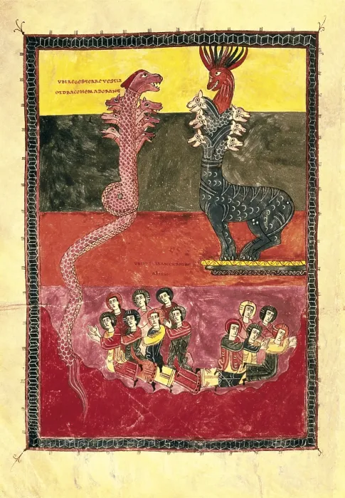 Framed Print : Beatus of Girona. 976. The Beast and the Dragon are worshiped. Codex from the monastery of San Salvador de Tabara to the Commentary on the Apocalypse of St