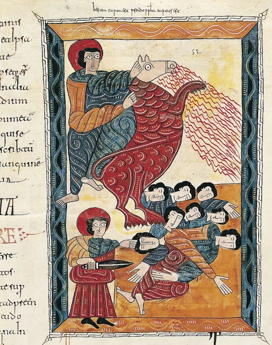 Framed Print : Beatus of Liebana. 10th c. Sheet 150. Death of the Beast and the enemies of God. Mozarabic art. Miniature Painting. SPAIN. San Lorenzo de El Escorial Framed Print : Beatus of Liebana. 10th c. Sheet 150. Death of the Beast and the enemies of God. Mozarabic art. Miniature Painting. SPAIN. San Lorenzo de El Escorial