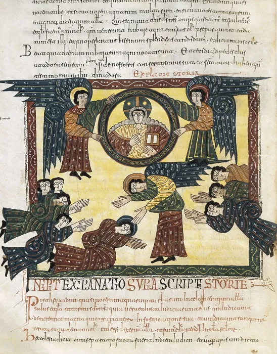 Framed Print : Beatus of Liebana. 10th c. Sheet 150. Death of the Beast and the enemies of God. Mozarabic art. Miniature Painting. SPAIN. San Lorenzo de El Escorial